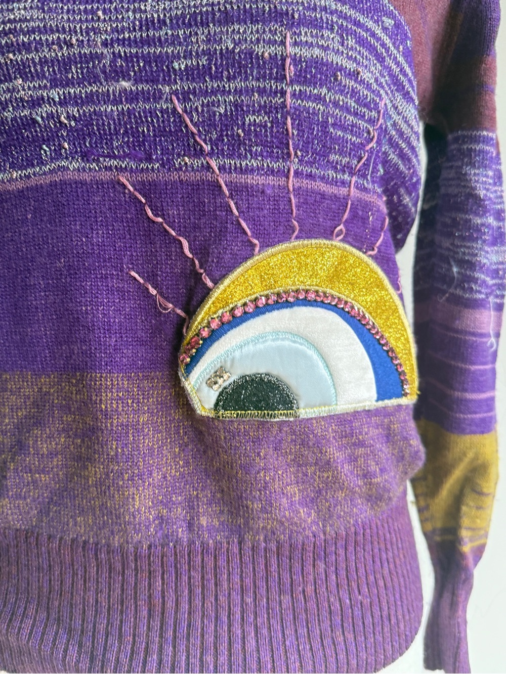 Marc Jacobs Purple and Olive Striped Crewneck Sweater with Sunburst Applique - Picture 3 of 6